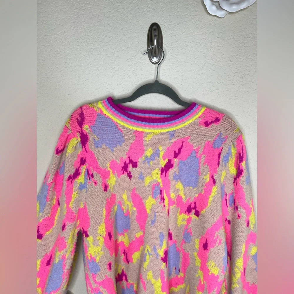 NTM Jodifl Abstract Print Sweater Neon Pink Taupe Balloon Sleeve Pullover Size L - Picture 4 of 16